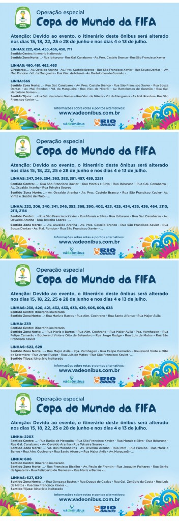 Mudancas nos itinerarios dos onibus nos dias de jogos da Copa no Rio